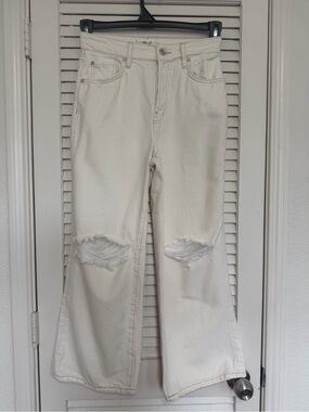 We The Free Distressed Wide Leg Cropped Jeans 26 Ivory Raw Hem Boho Denim